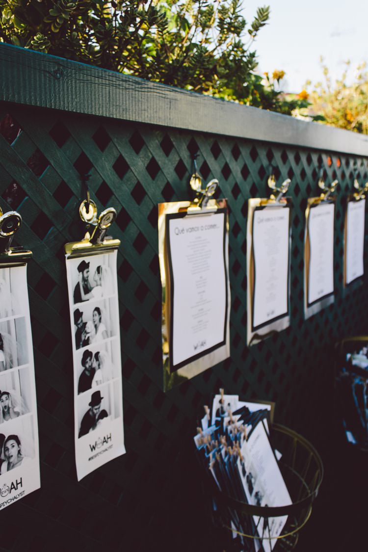 Décor Gold Clips Black White Photos Stationery Green Fence Modern Roof Terrace Dusk Wedding Madrid http://www.lorenasanjose.com/