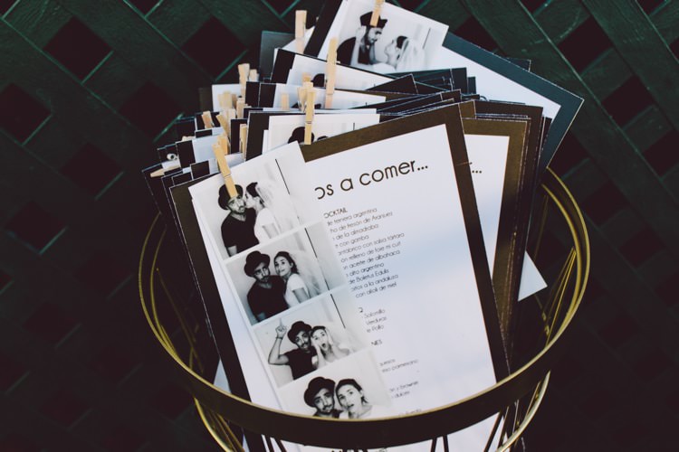 Menu Gold Basket Black White Photos Pegs Green Fence Modern Roof Terrace Dusk Wedding Madrid http://www.lorenasanjose.com/