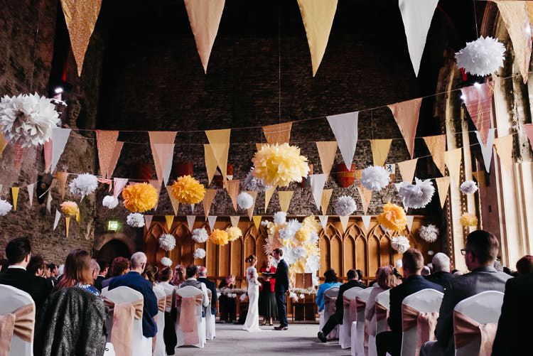 Bunting Pom Poms Paper Flower Wall Backdrop Ceremony Creative DIY Yellow Wedding http://elainewilliamsphoto.com/