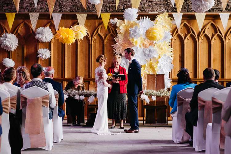 Bunting Pom Poms Paper Flower Wall Backdrop Ceremony Creative DIY Yellow Wedding http://elainewilliamsphoto.com/