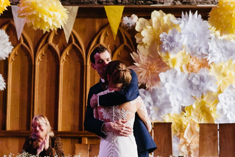 Bunting Pom Poms Paper Flower Wall Backdrop Ceremony Creative DIY Yellow Wedding http://elainewilliamsphoto.com/
