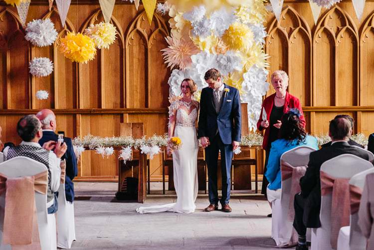 Bunting Pom Poms Paper Flower Wall Backdrop Ceremony Creative DIY Yellow Wedding http://elainewilliamsphoto.com/