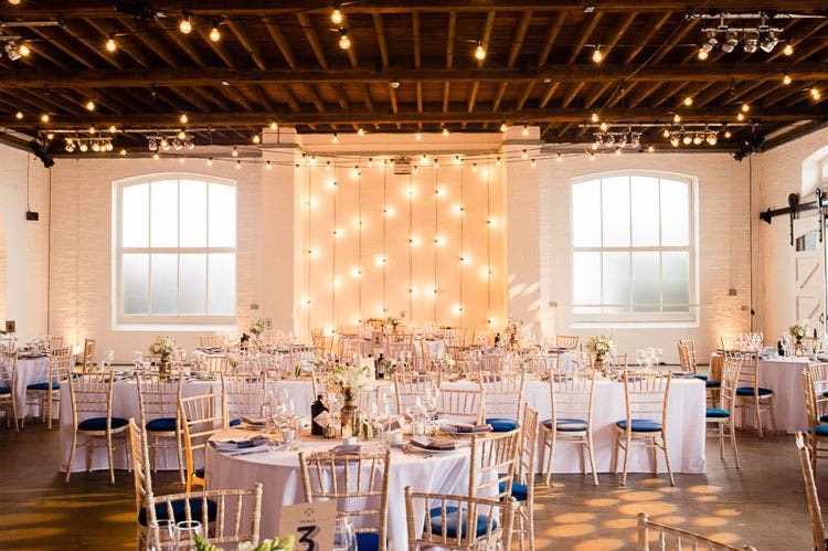 Festoon Lights Trinity Buoy Wharf Urban London Stylish Navy White Wedding http://karibellamy.com/