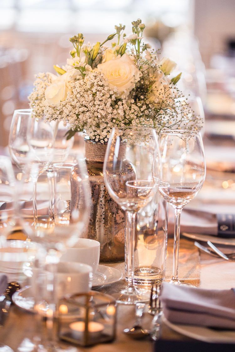 Roses Gypsophila Flowers Bottles Urban London Stylish Navy White Wedding http://karibellamy.com/