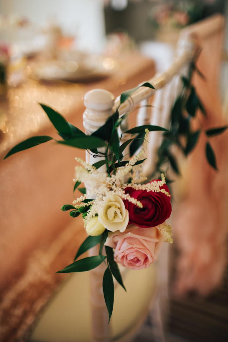 Chair Flowers Decor Vintage Glam Rose Gold Pink Wedding Ideas http://ivoryfayre.com/