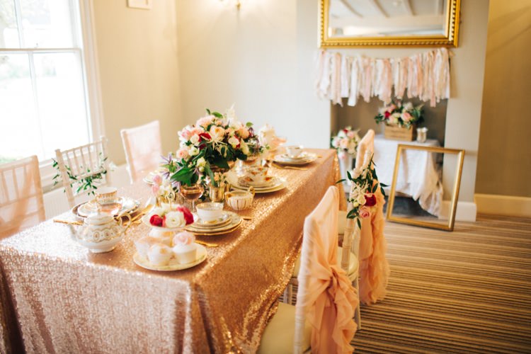 Sequins Bunting Table Decor Vintage Glam Rose Gold Pink Wedding Ideas http://ivoryfayre.com/