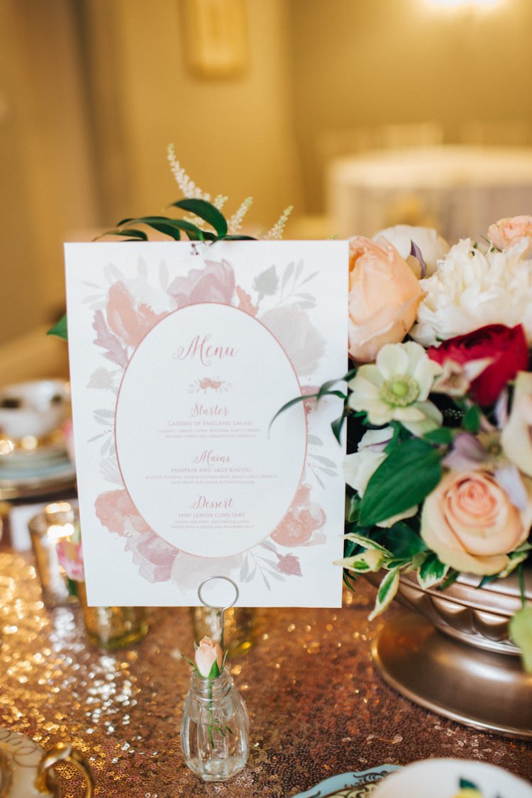 Floral Stationery Menu Vintage Glam Rose Gold Pink Wedding Ideas http://ivoryfayre.com/
