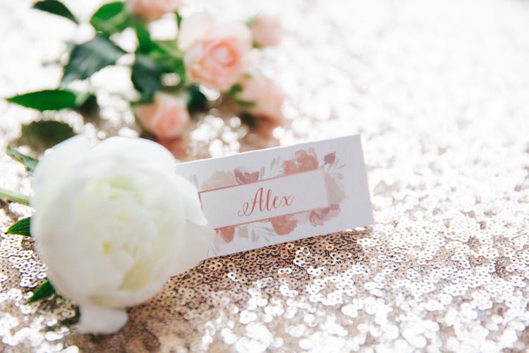 Floral Place Name Card Sequins Vintage Glam Rose Gold Pink Wedding Ideas http://ivoryfayre.com/