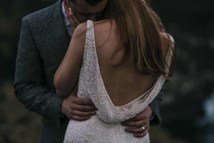 Bride Beaded Low Back Stephanie Allin Bridal Gown Groom Grey Tweed Jacket Embrace Glacier Lagoon Iceland Anniversary Shoot http://marcsmithphotography.com/