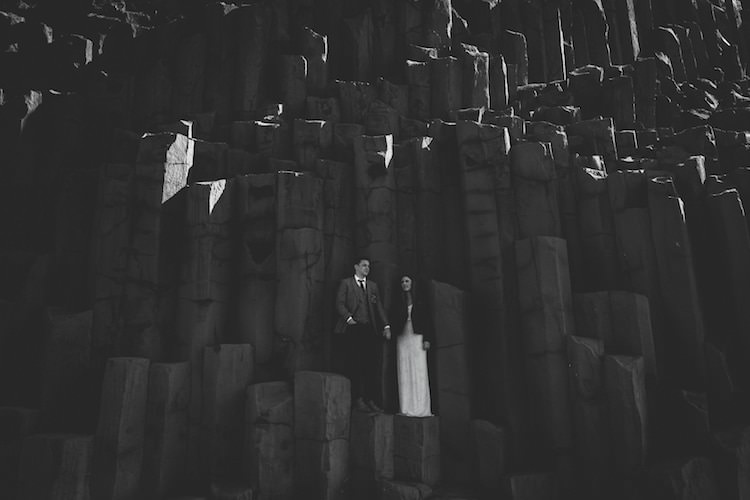 Bride Beaded Stephanie Allin Bridal Gown Black Jacket Groom Grey Tweed Jacket Skinny Jeans Rock Wall Glacier Lagoon Iceland Anniversary Shoot http://marcsmithphotography.com/
