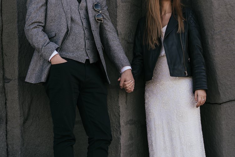 Bride Beaded Stephanie Allin Bridal Gown Leather Jacket Groom Grey Tweed Jacket Vest Skinny Jeans Sunglasses Style Glacier Lagoon Iceland Anniversary Shoot http://marcsmithphotography.com/