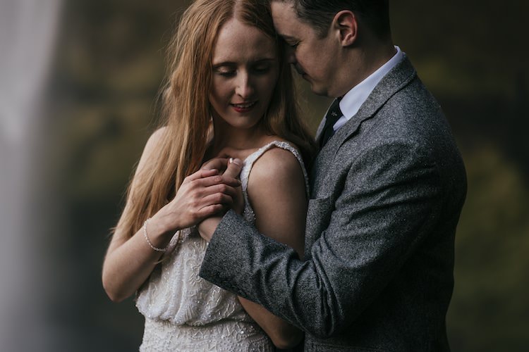 Bride Beaded Stephanie Allin Bridal Gown Groom Grey Tweed Jacket Tie Glacier Lagoon Iceland Anniversary Shoot http://marcsmithphotography.com/