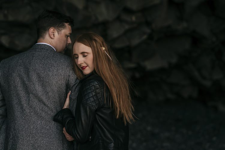 Bride Leather Jacket Pearl Hair Accessory Groom Grey Tweed Jacket Black Rocks Glacier Lagoon Iceland Anniversary Shoot http://marcsmithphotography.com/
