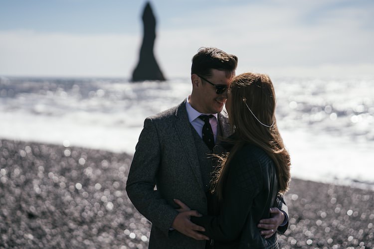 Bride Leather Jacket Pearl Hair Accessory Groom Grey Tweed Jacket Vest Tie Sunglasses Sand Ocean Beach Glacier Lagoon Iceland Anniversary Shoot http://marcsmithphotography.com/