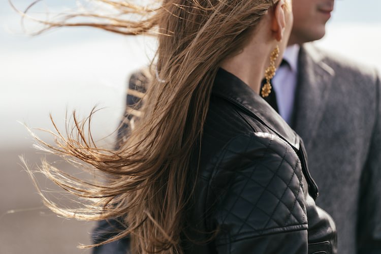 Bride Leather Jacket Gold Drop Earrings Groom Grey Tweed Jacket Tie Wind Glacier Lagoon Iceland Anniversary Shoot http://marcsmithphotography.com/