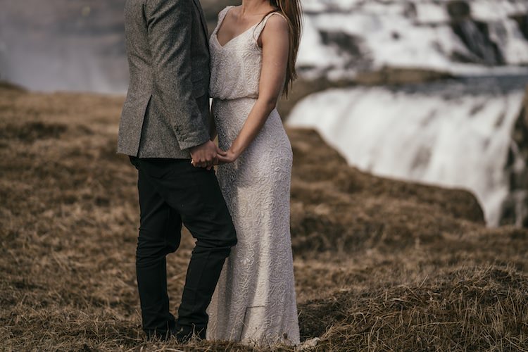 Outdoor Vow Renewal Bride Beaded Stephanie Allin Bridal Gown Groom Grey Tweed Jacket Skinny Jeans Waterfalls Glacier Lagoon Iceland Anniversary Shoot http://marcsmithphotography.com/