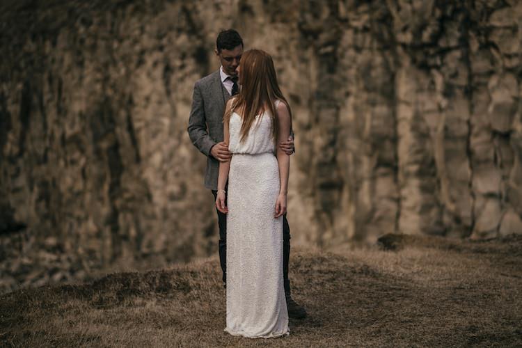 Bride Beaded Stephanie Allin Bridal Gown Groom Grey Tweed Jacket Tie Skinny Jeans Mountain Sand Glacier Lagoon Iceland Anniversary Shoot http://marcsmithphotography.com/