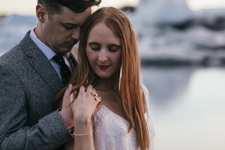 Bride Beaded Stephanie Allin Bridal Gown Ring Bracelet Accessories Groom Grey Tweed Jacket Tie Ice Water Glacier Lagoon Iceland Anniversary Shoot http://marcsmithphotography.com/