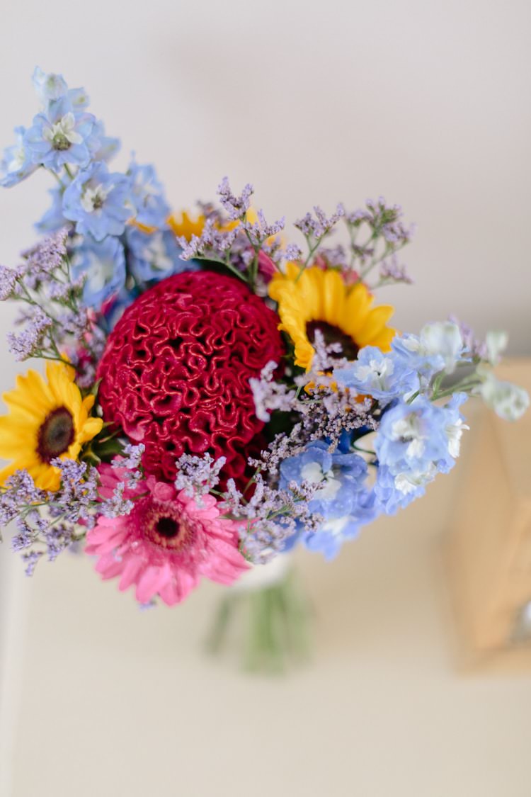 Bouquet Wild Colourful Sunflower Gerbera Bride Bridal Flowers Informal Vintage Personal Wedding http://www.marknewtonweddings.co.uk/