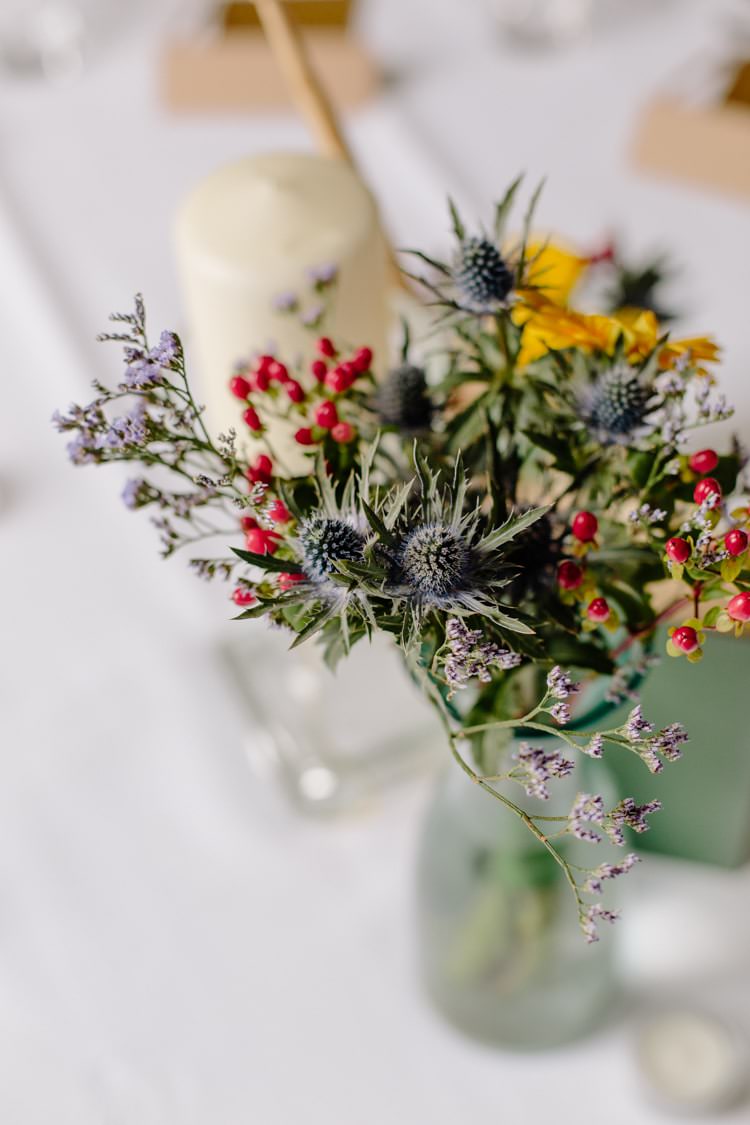Thistle Sunflowers Centrepiece Table Flowers Informal Vintage Personal Wedding http://www.marknewtonweddings.co.uk/