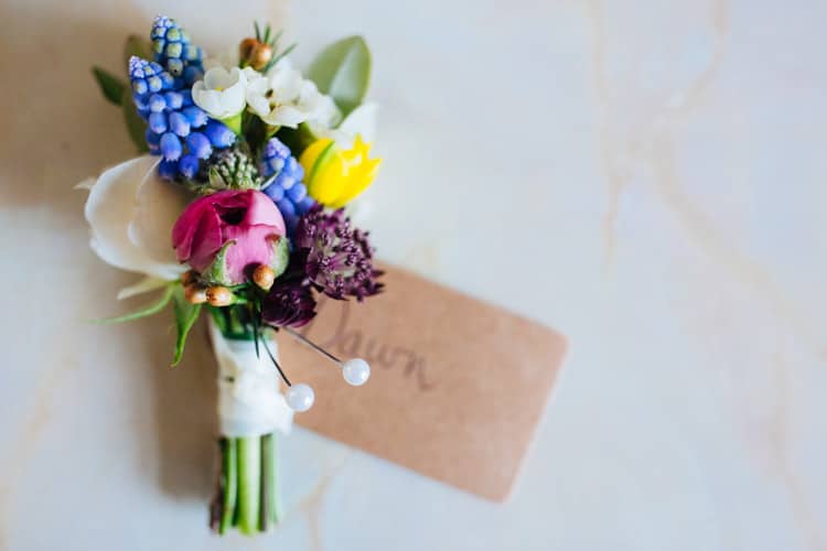 Buttonhole Groom Grape Hyacinth Spring Wax Flower Quirky Colourful Relaxed Fun Barn Wedding http://www.lushimaging.com/
