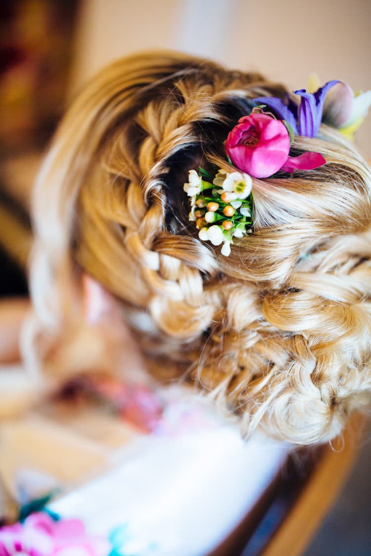 Bride Bridal Hair Style Plaits Braids Flowers Wax Spring Quirky Colourful Relaxed Fun Barn Wedding http://www.lushimaging.com/