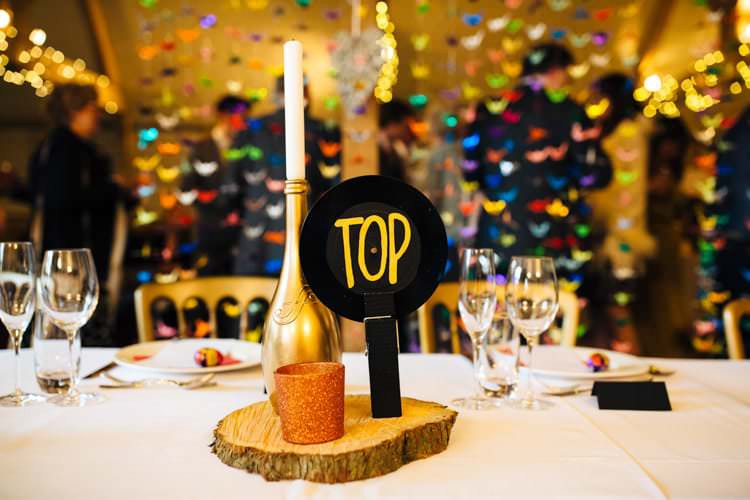 Centrepiece Vinyl Table Names Log Candle Metallic Quirky Colourful Relaxed Fun Barn Wedding http://www.lushimaging.com/