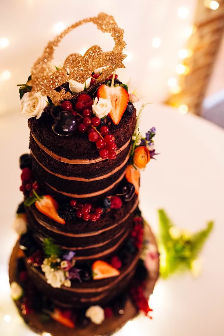 Chcolate Naked Cake Layer Sponge Fruit Glitter Topper Quirky Colourful Relaxed Fun Barn Wedding http://www.lushimaging.com/