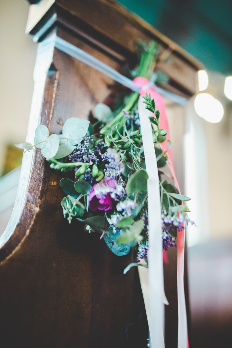 Pew End Flowers Ribbon Colourful Home Made Spring Country Wedding http://www.racheljoycephotography.co.uk/