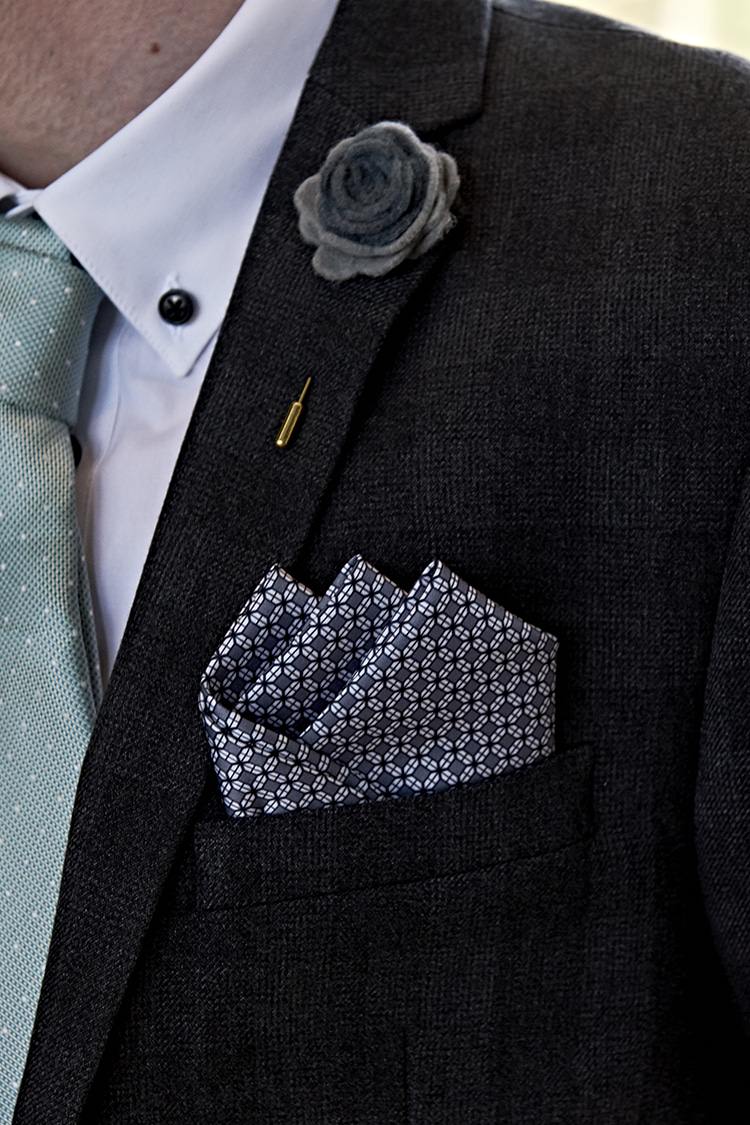 Felt Buttonhole Pocket Square Groom Modern Mint Gold Grey City Wedding http://www.studiocano.co.uk/