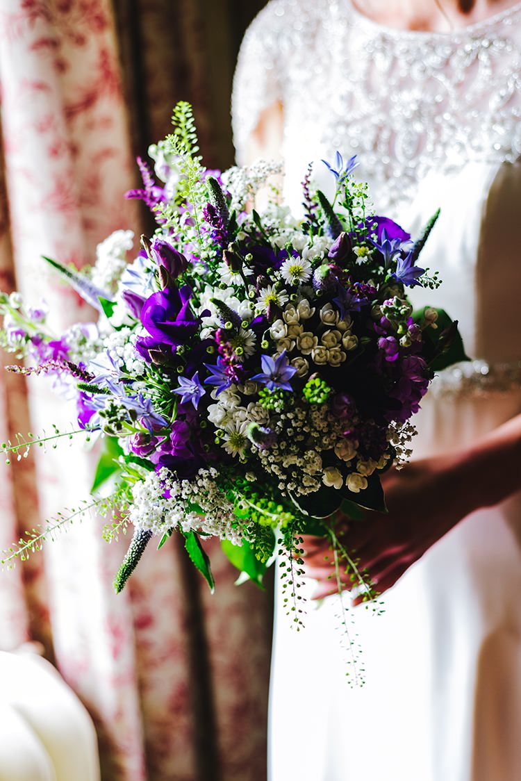 Purple Blue White Bouquet Flowers Bride Bridal Summer Rustic Relaxed Country Garden Wedding http://www.dmcclane.com/