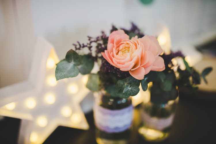 Peach Peony Flowers Jar Star Light Colourful Home Made Spring Country Wedding http://www.racheljoycephotography.co.uk/