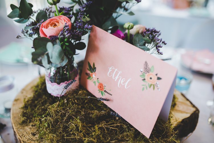 Moss Log Centrepiece Table Names Flowers Jars Decor Colourful Home Made Spring Country Wedding http://www.racheljoycephotography.co.uk/