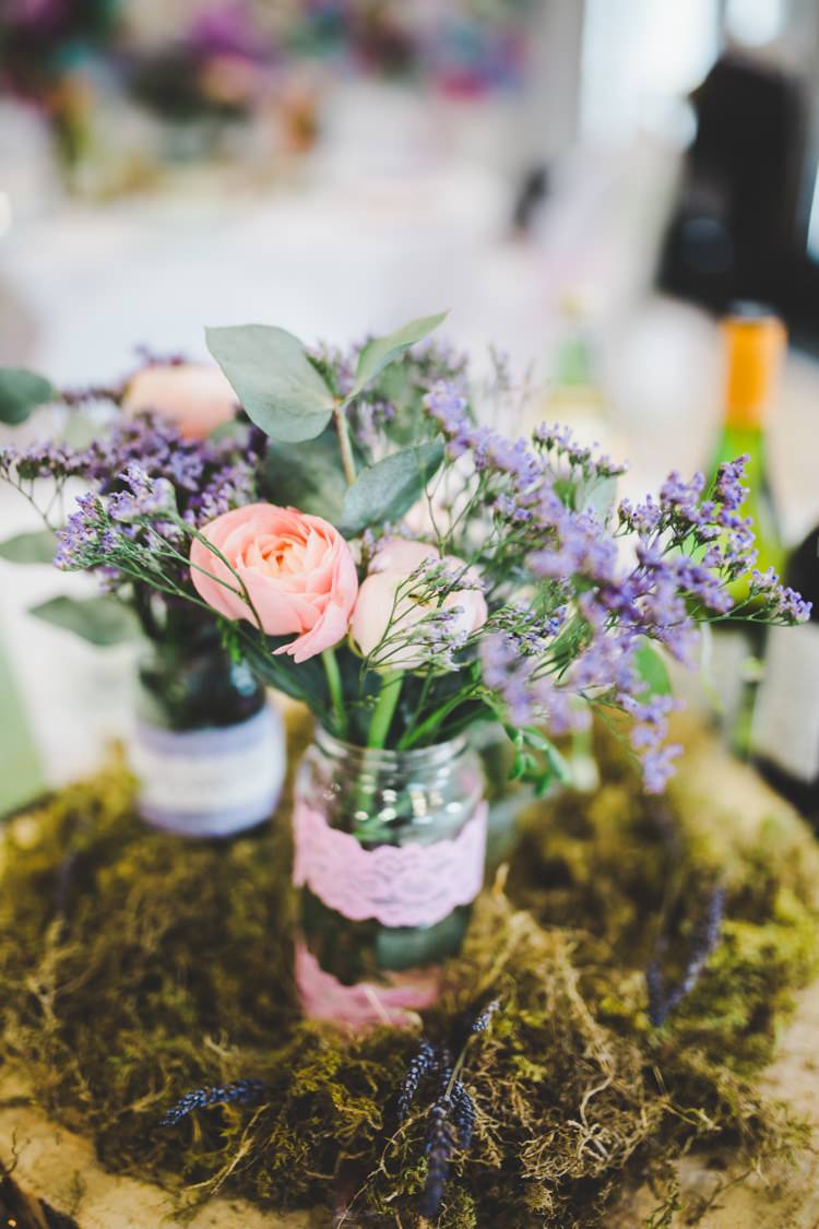 Flowers Jars Lace Moss Log Decor Table Centrepiece Colourful Home Made Spring Country Wedding http://www.racheljoycephotography.co.uk/