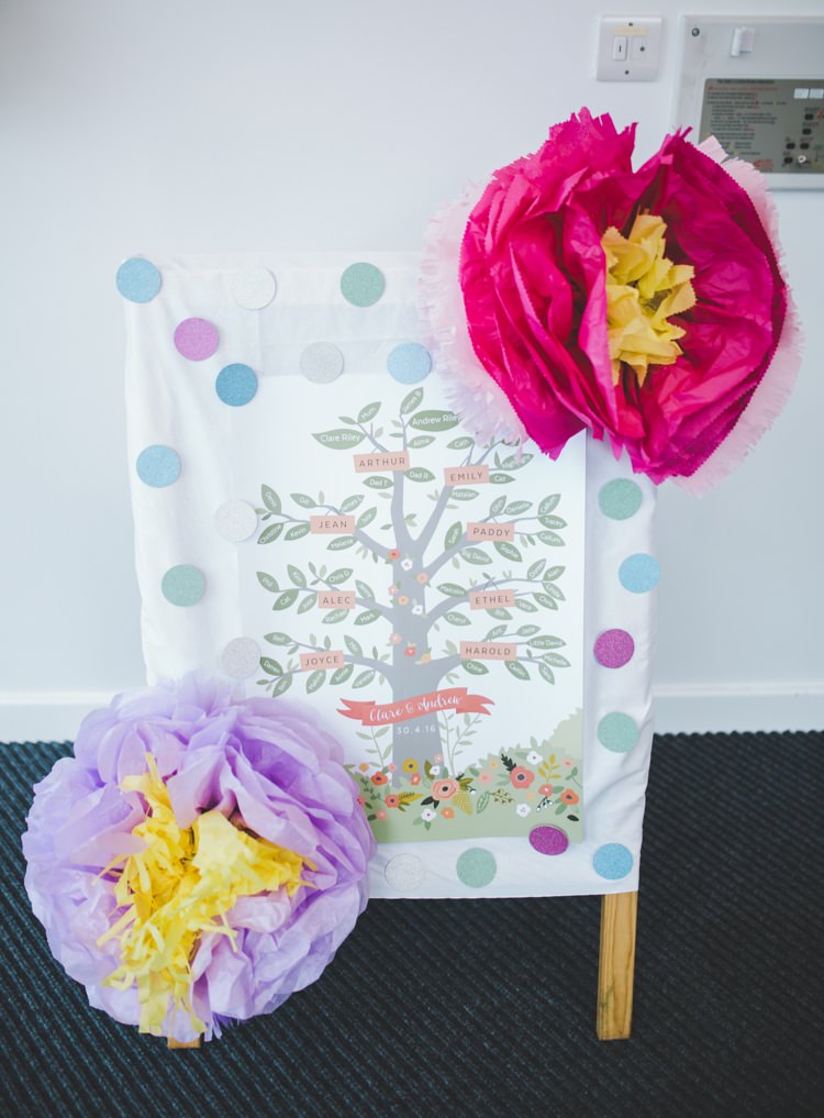 Family Tree Table Plan Chart Seating Giant Paper Flowers Colourful Home Made Spring Country Wedding http://www.racheljoycephotography.co.uk/