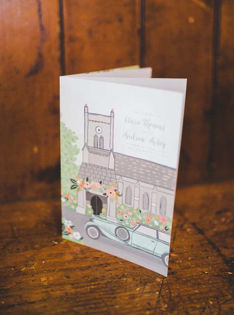 Illustrated Church Floral Order Service Stationery Colourful Home Made Spring Country Wedding http://www.racheljoycephotography.co.uk/