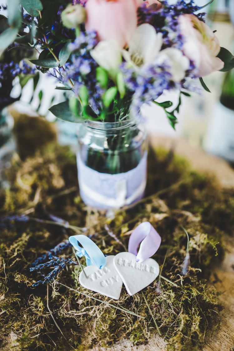 Clay Heart Place Names Favours Decor Colourful Home Made Spring Country Wedding http://www.racheljoycephotography.co.uk/