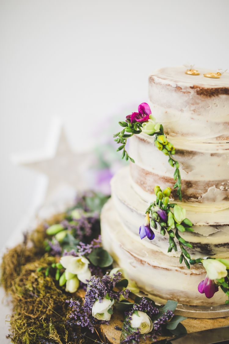 Naked Cake Layer Sponge Buttercream Moss Flowers Crumb Colourful Home Made Spring Country Wedding http://www.racheljoycephotography.co.uk/