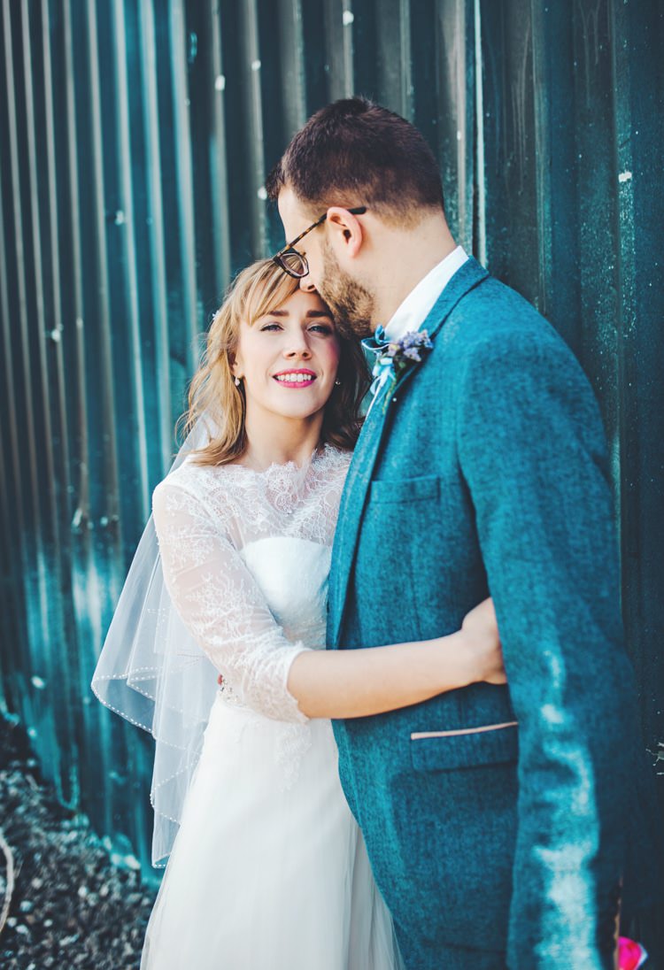 Lace Sleeves Dress Gown Bride Bridal Ronald Joyce Colourful Home Made Spring Country Wedding http://www.racheljoycephotography.co.uk/