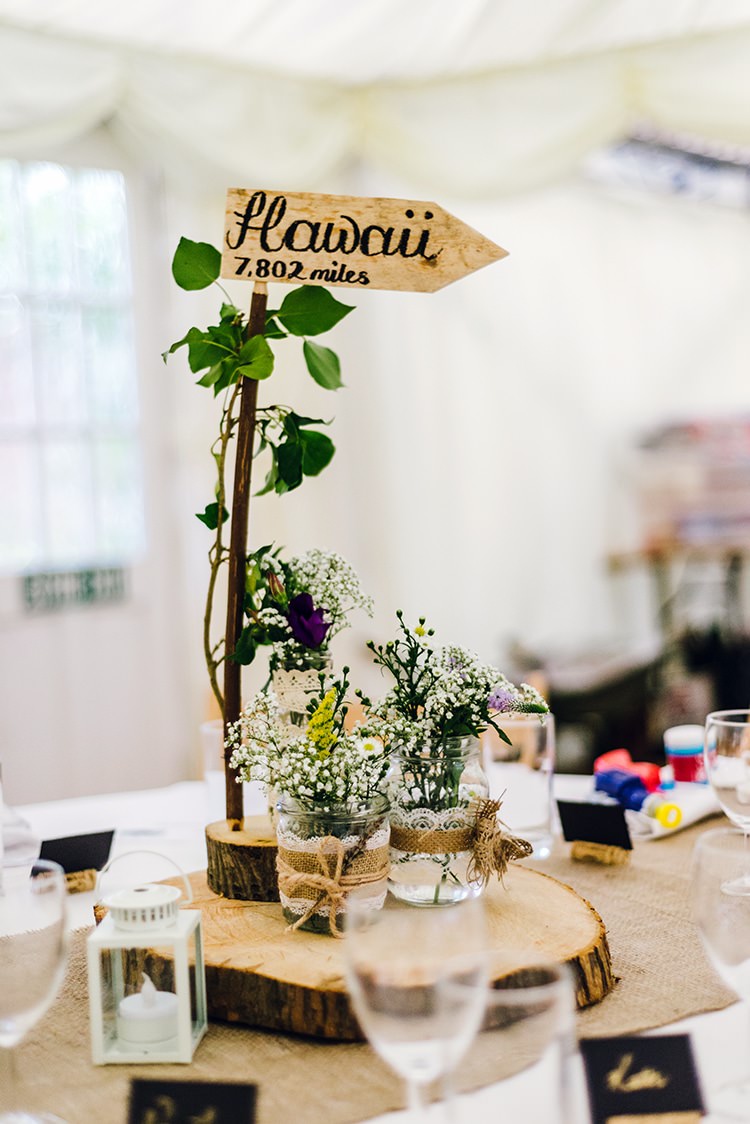 Decor Centrepiece Table Log Slice Jar Flowers Name Branch Rustic Relaxed Country Garden Wedding http://www.dmcclane.com/