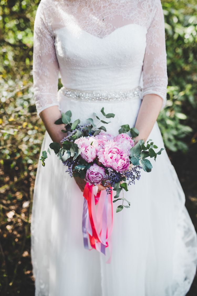 Pink Peony Peonies Bouquet Flowers Bride Bridal Ribbons Colourful Home Made Spring Country Wedding http://www.racheljoycephotography.co.uk/