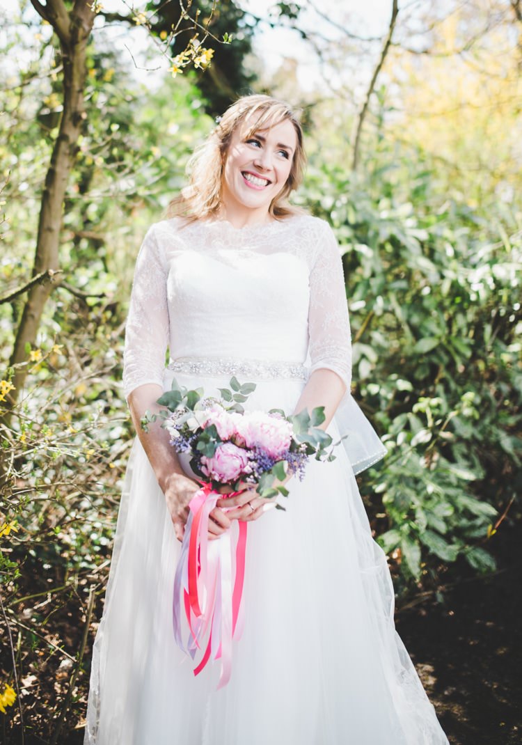 Lace Sleeve Dress Gown Bride Bridal Ronald Joyce Colourful Home Made Spring Country Wedding http://www.racheljoycephotography.co.uk/