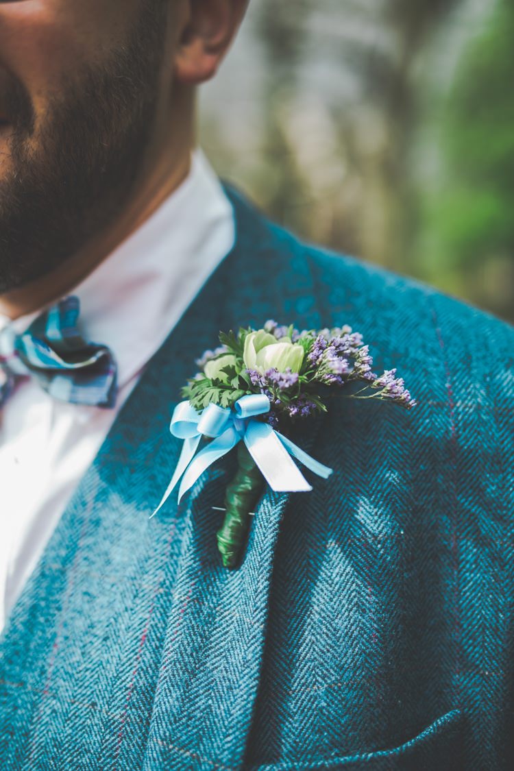 Buttonhole Groom Blue Ribbon Colourful Home Made Spring Country Wedding http://www.racheljoycephotography.co.uk/