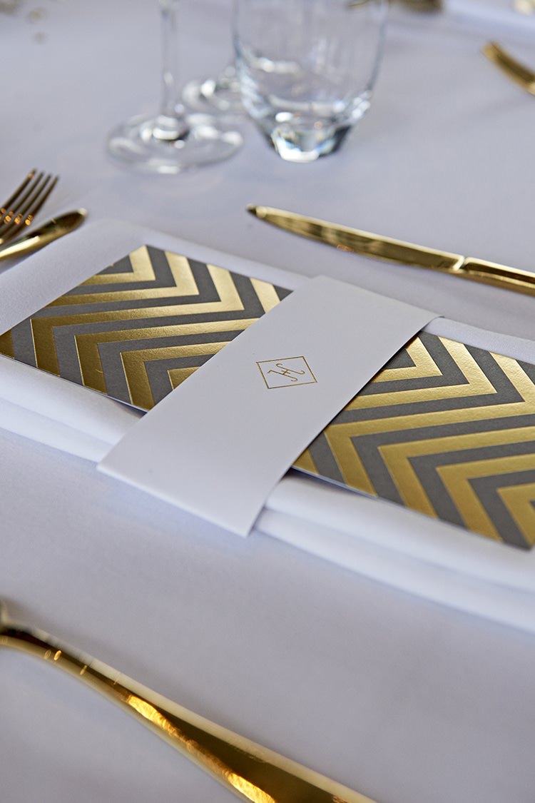 Chevron Stationery Place Setting Modern Mint Gold Grey City Wedding http://www.studiocano.co.uk/