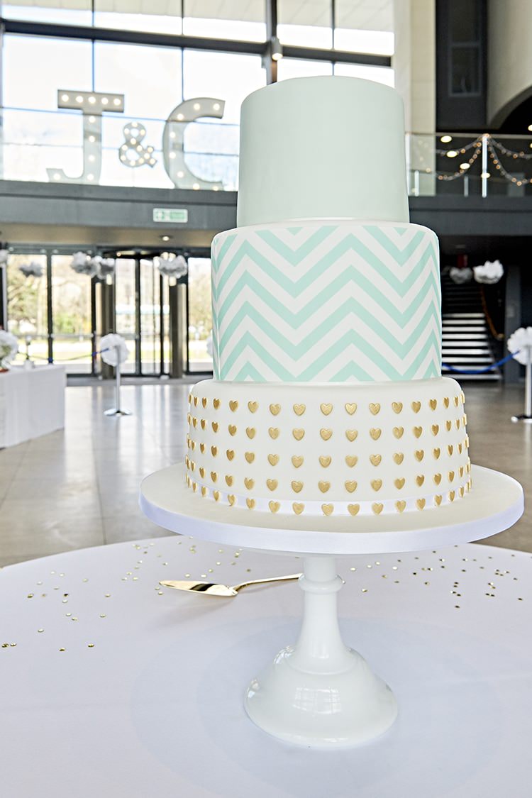 Chevron Heart Cake Graphic Modern Mint Gold Grey City Wedding http://www.studiocano.co.uk/