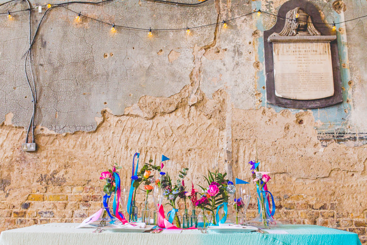 Flowers Bottles Flags Ribbon Centrepiece Watercolour Decor Colourful Alternative Same Sex Wedding Ideas http://www.els-photography.com/