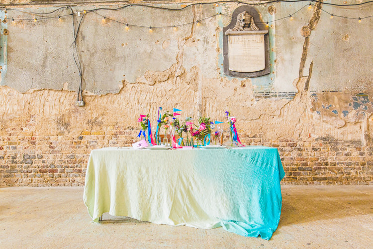 Flowers Bottles Flags Ribbon Centrepiece Watercolour Decor Colourful Alternative Same Sex Wedding Ideas http://www.els-photography.com/