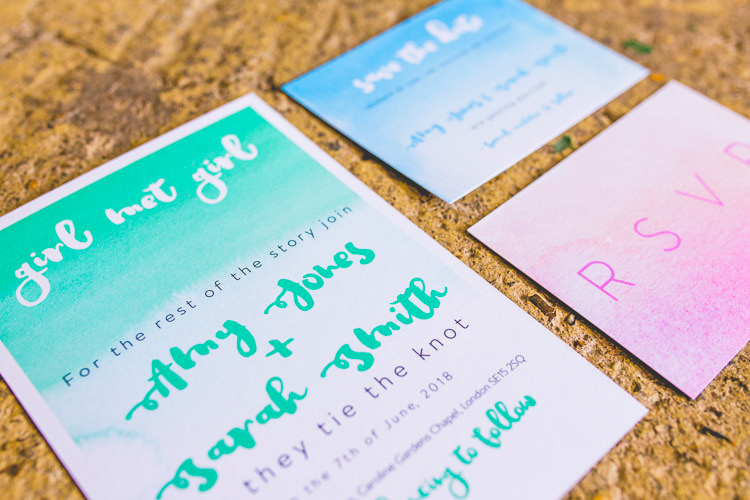 Ombre Stationery Invitations Watercolour Colourful Alternative Same Sex Wedding Ideas http://www.els-photography.com/