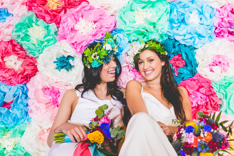 Tissue Paper Flower Backdrop Ceremony Colourful Alternative Same Sex Wedding Ideas http://www.els-photography.com/