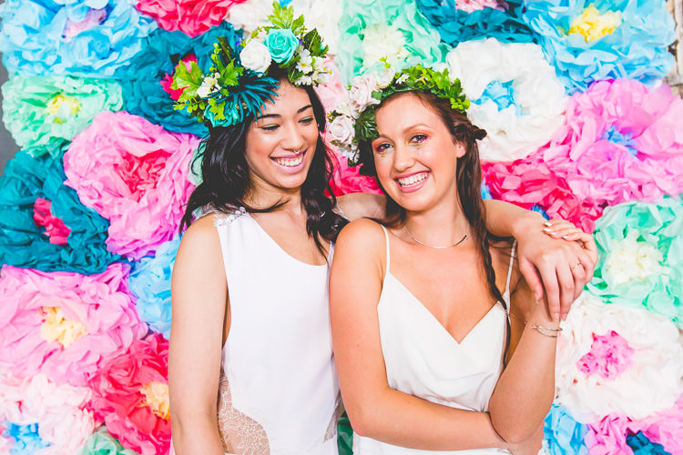 Tissue Paper Flower Backdrop Ceremony Colourful Alternative Same Sex Wedding Ideas http://www.els-photography.com/
